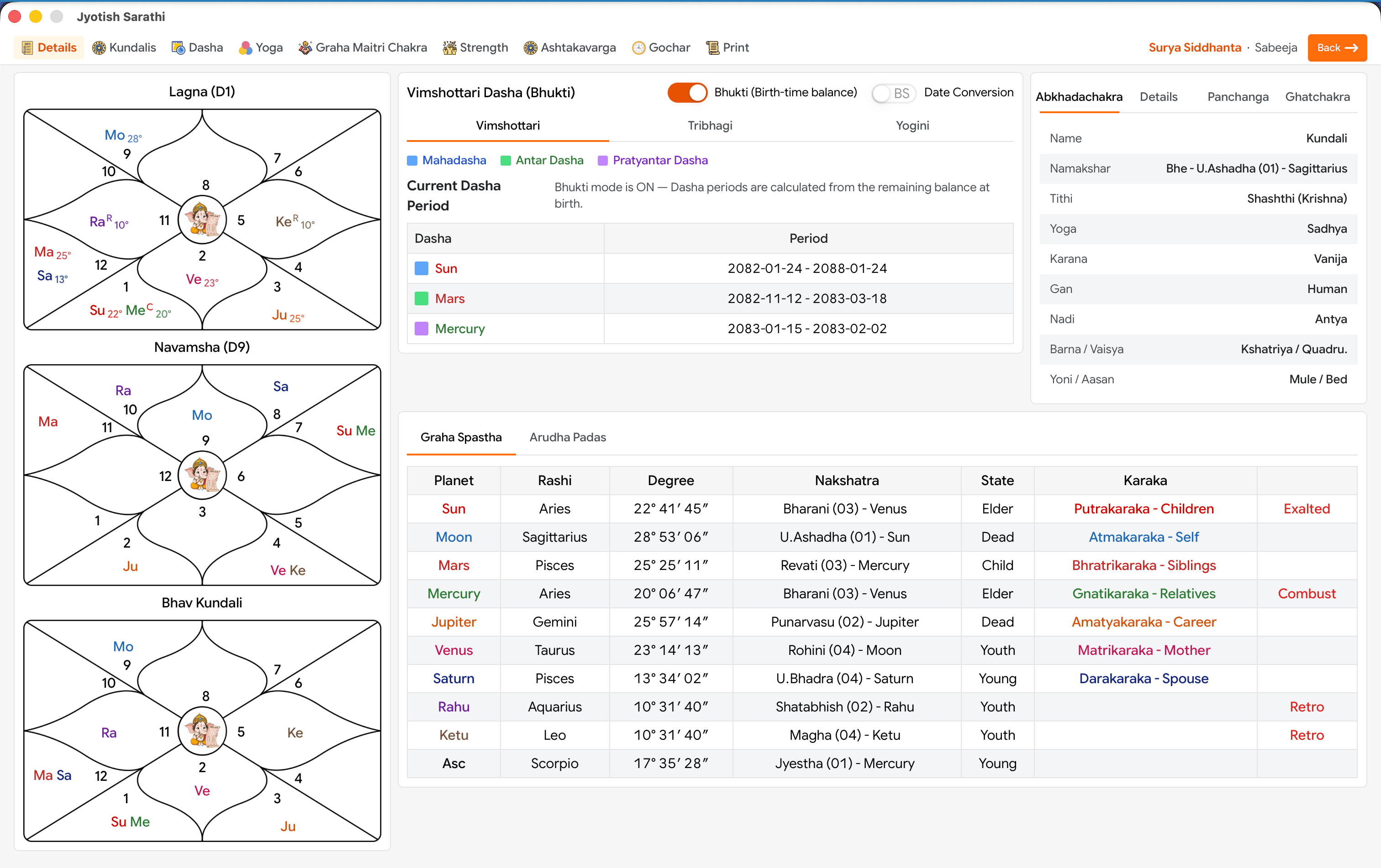 Jyotish Sarathi Kundali software on macOS and Windows — screenshot 2